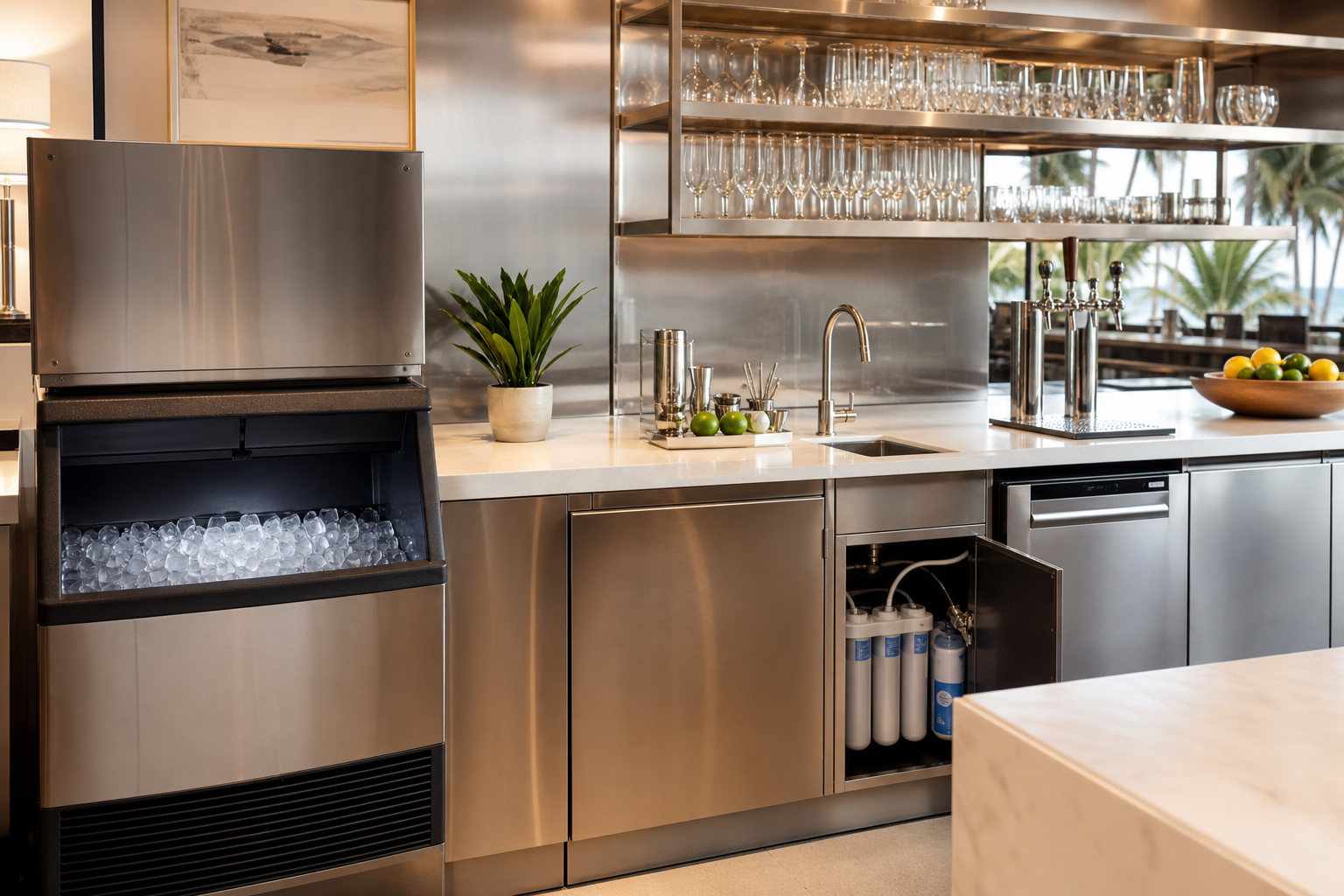 Hospitality beverage service area with commercial water equipment